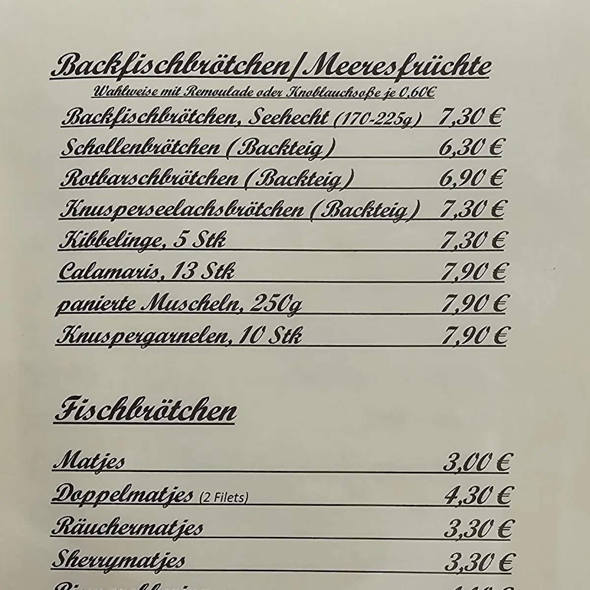 Speisekarte, Zum Backfisch