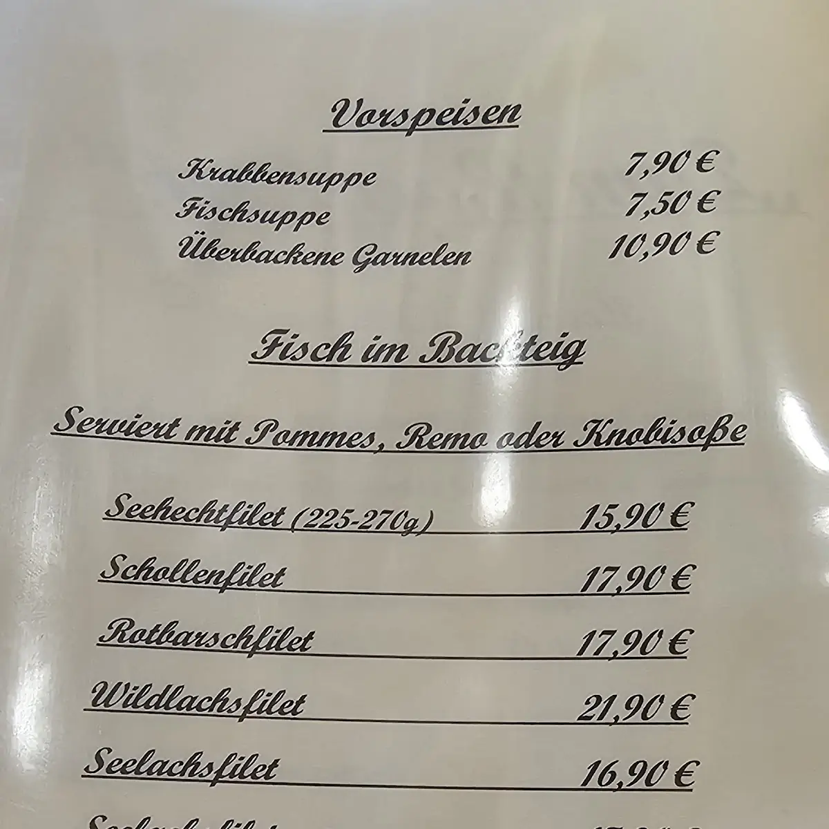 Speisekarte, Zum Backfisch
