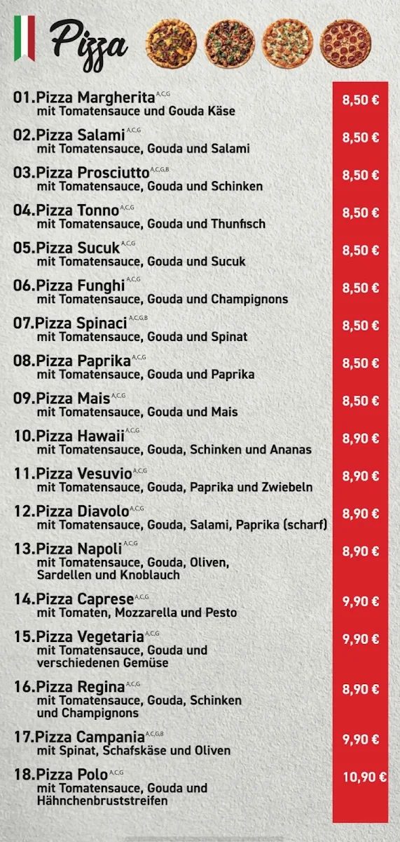 Speisekarte, Pizzeria La Luna