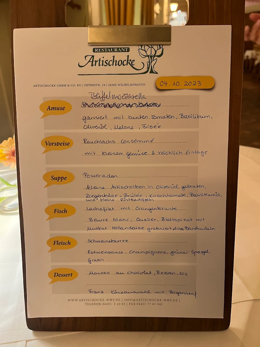 Speisekarte, Restaurant Artischocke