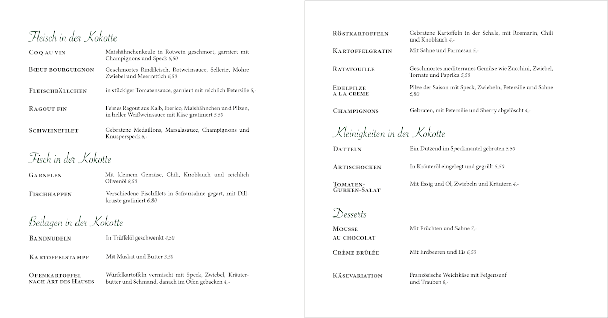 Speisekarte, Restaurant Artischocke