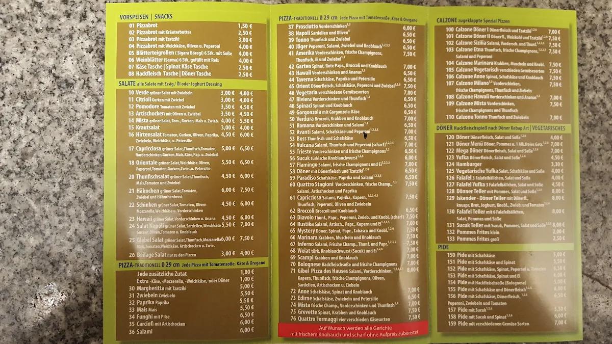 Speisekarte, Giebel Döner und Pizzeria