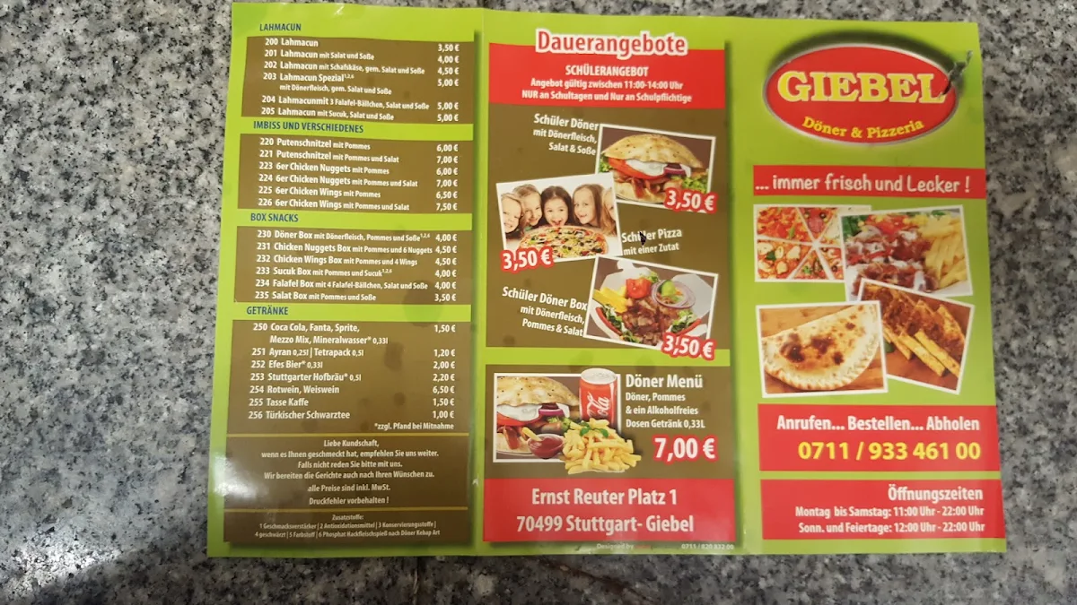 Speisekarte, Giebel Döner und Pizzeria