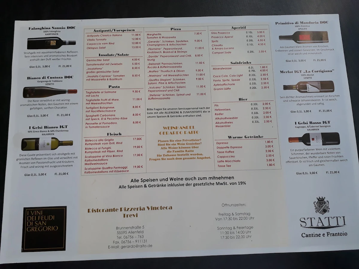 Speisekarte, Ristorante Vinoteca Trevi