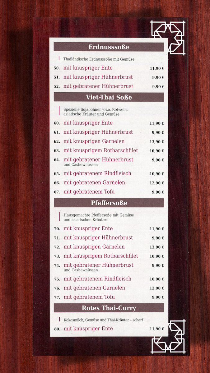 Speisekarte, Viet Thai Restaurant