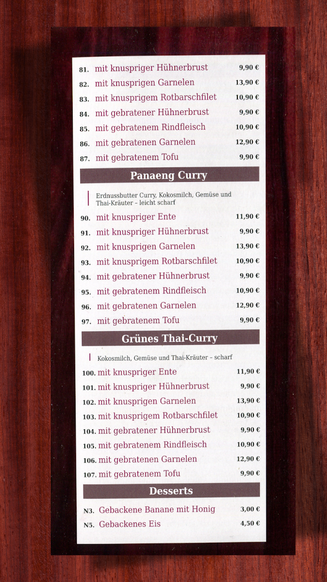 Speisekarte, Viet Thai Restaurant