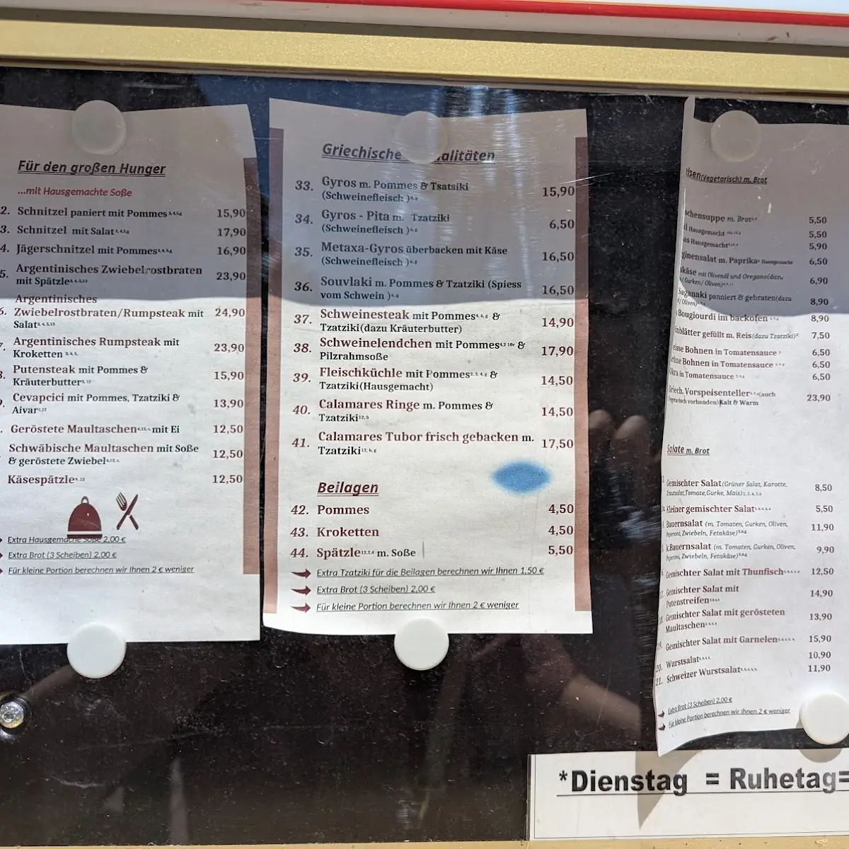 Speisekarte, Gasthaus Ochsen bei George & Litsa