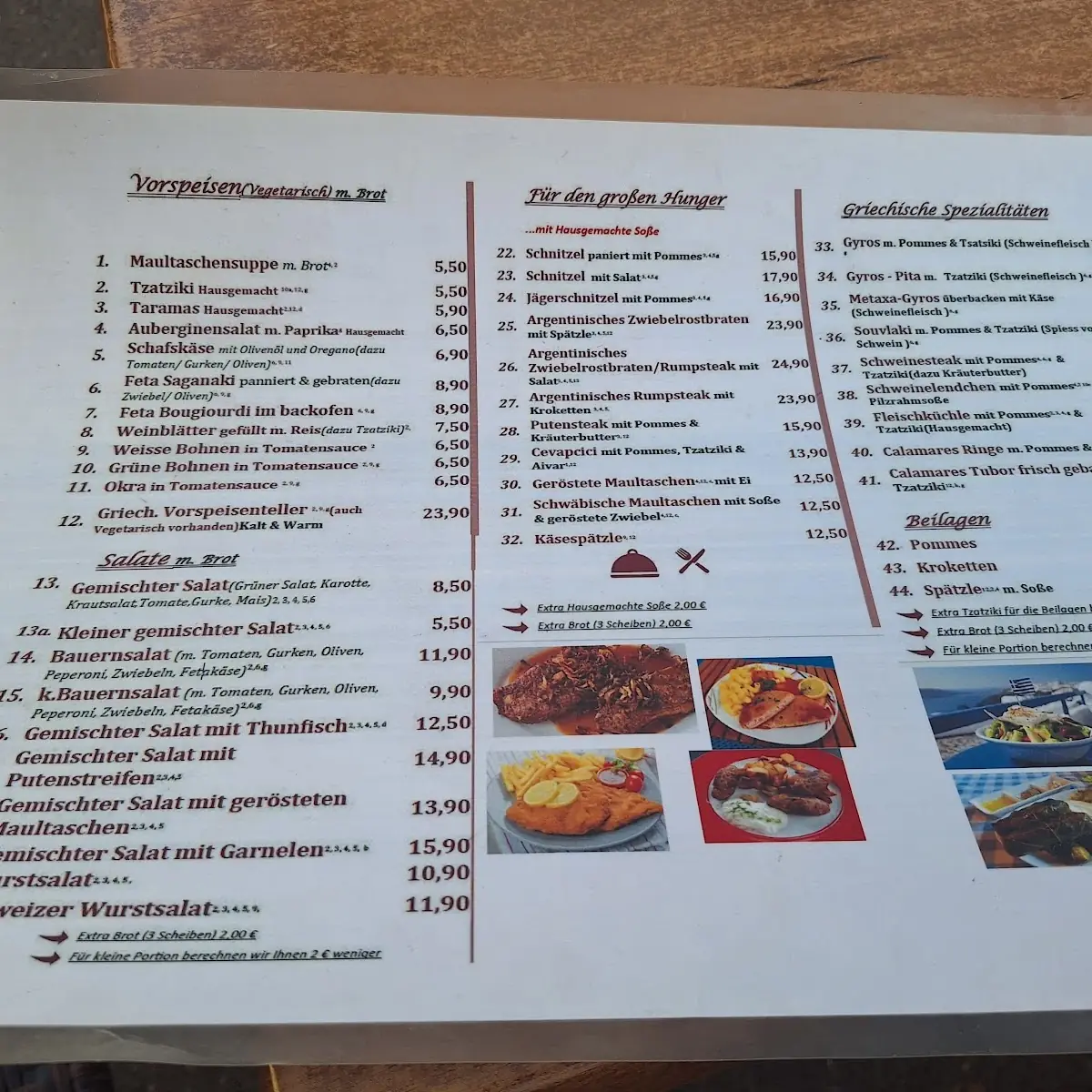 Speisekarte, Gasthaus Ochsen bei George & Litsa
