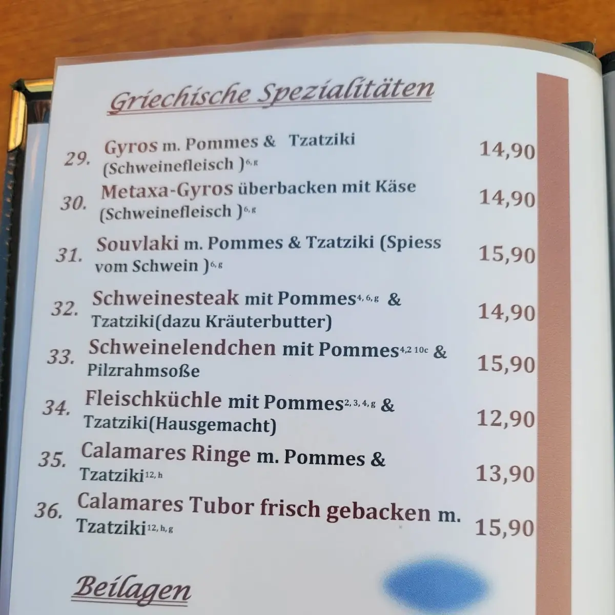 Speisekarte, Gasthaus Ochsen bei George & Litsa