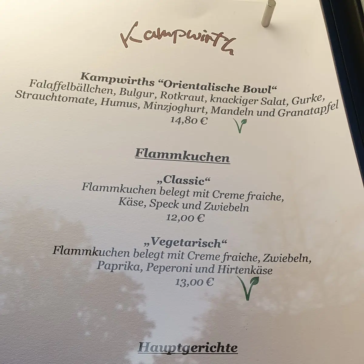 Speisekarte, Hotel - Restaurant Kampwirth