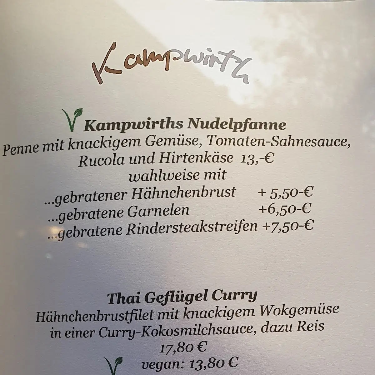 Speisekarte, Hotel - Restaurant Kampwirth