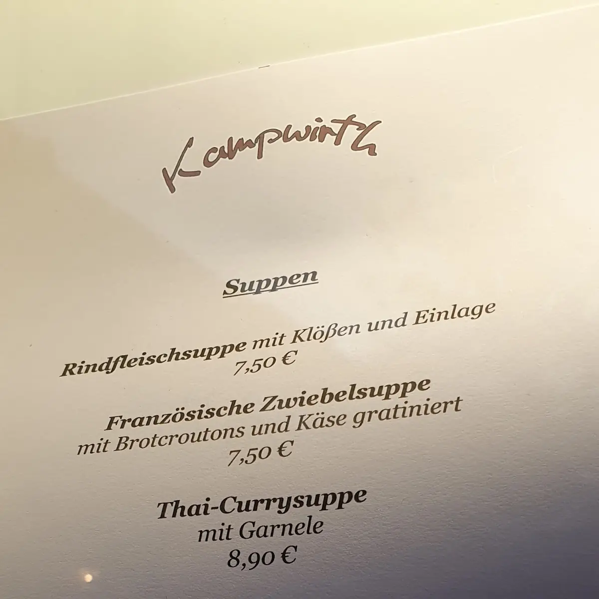Speisekarte, Hotel - Restaurant Kampwirth