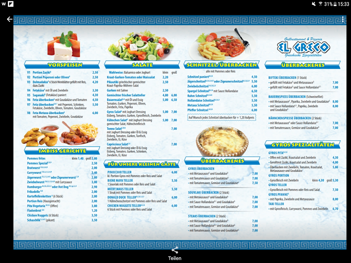 Speisekarte, El Greco Grill-Pizzeria