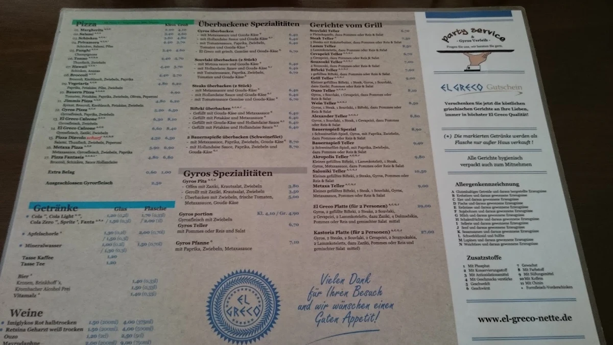 Speisekarte, El Greco Grill-Pizzeria