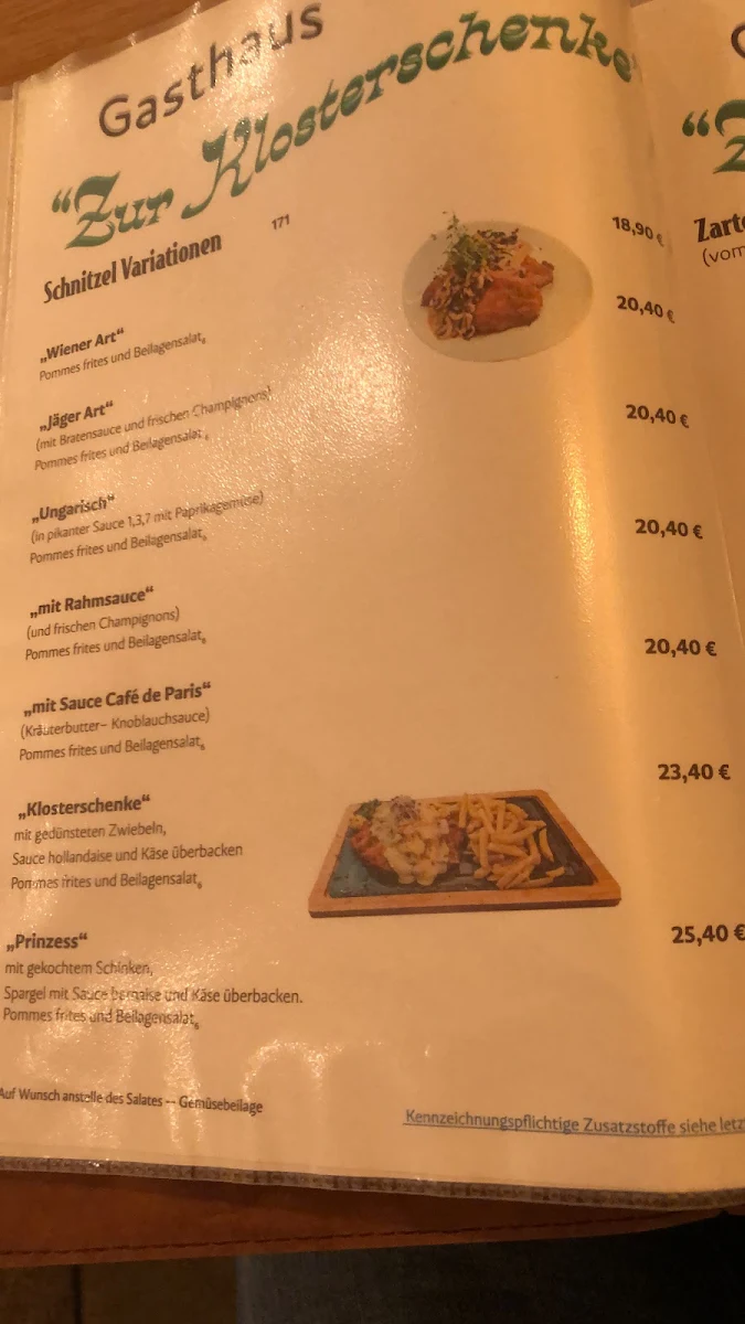 Speisekarte, Gasthof Zur Klosterschenke