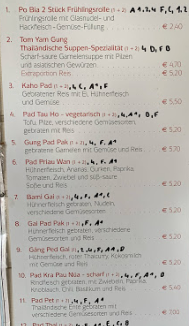 Speisekarte, Ton Kun Thai Imbiss
