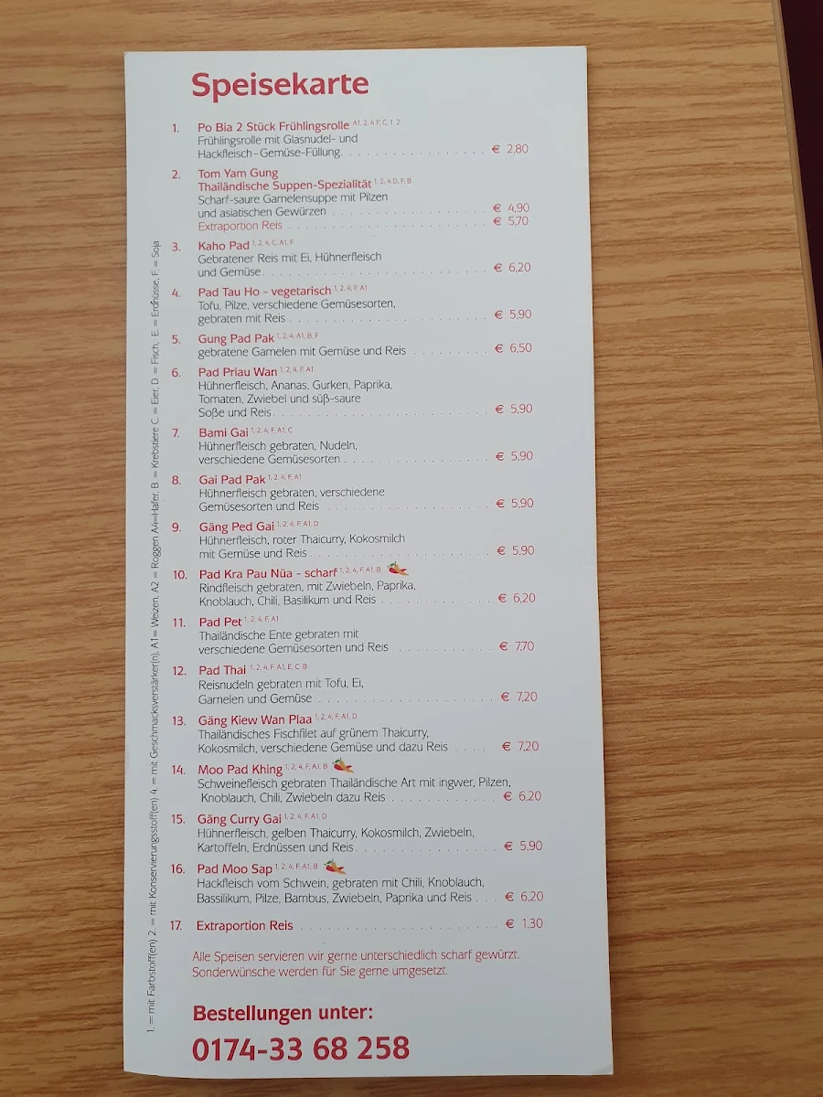 Speisekarte, Ton Kun Thai Imbiss