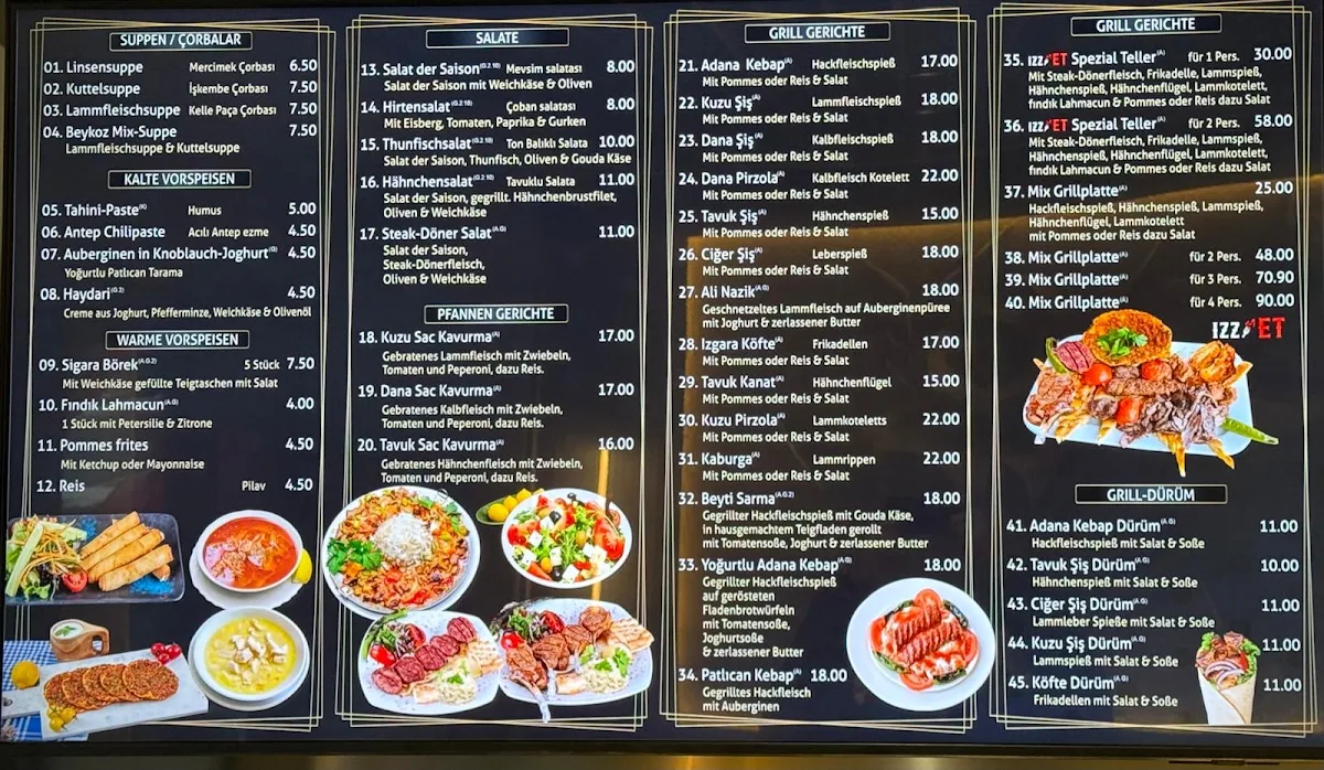 Speisekarte, Izz´ET Steinofen & Holzkohlegrill Restaurant