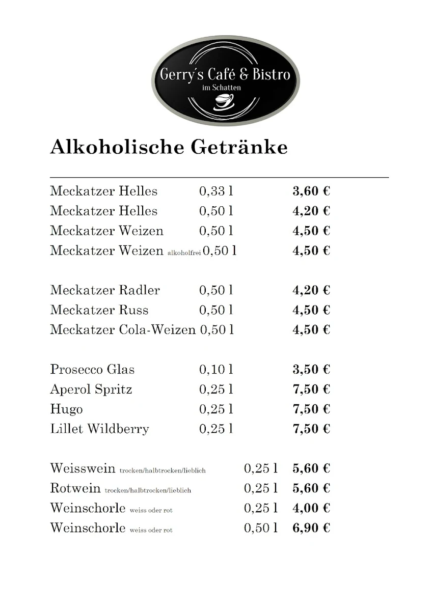 Speisekarte, Gerry´s Café & Bistro im Schatten