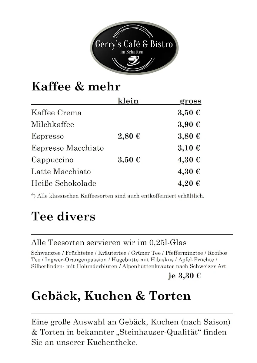 Speisekarte, Gerry´s Café & Bistro im Schatten