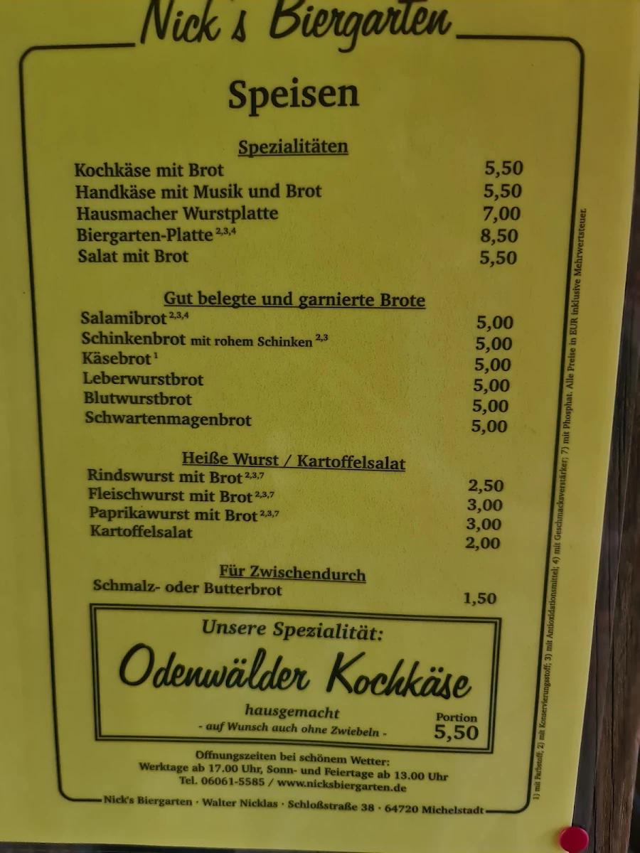 Speisekarte, Nick's Biergarten