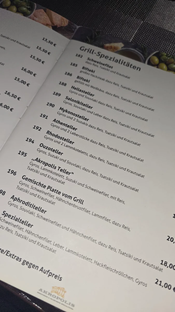 Speisekarte, Restaurant Akropolis