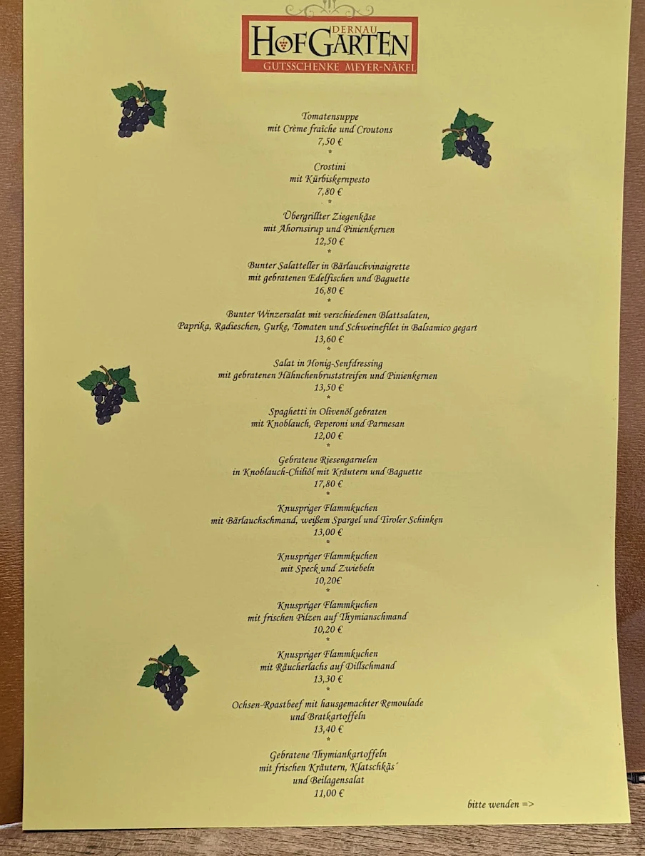 Speisekarte, Hofgarten-Restaurant