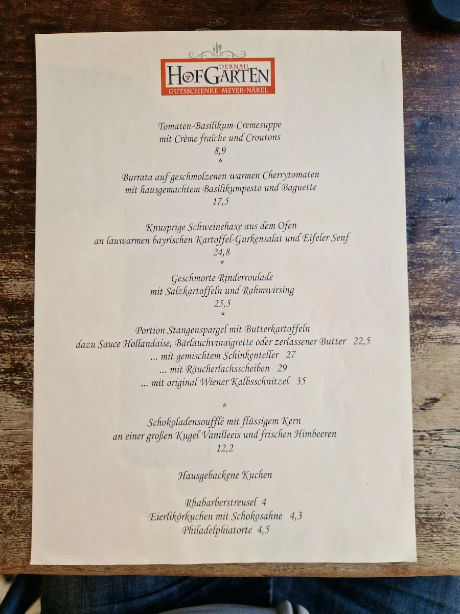 Speisekarte, Hofgarten-Restaurant