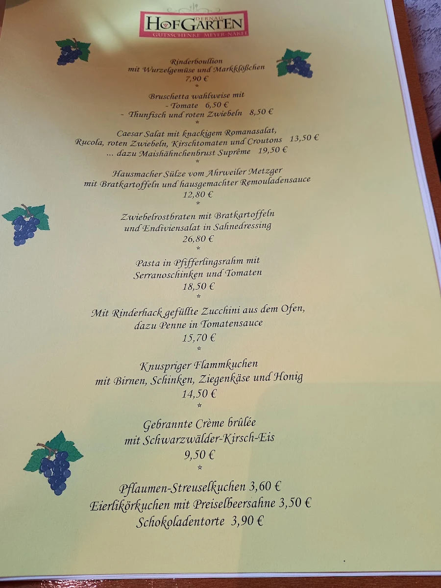 Speisekarte, Hofgarten-Restaurant