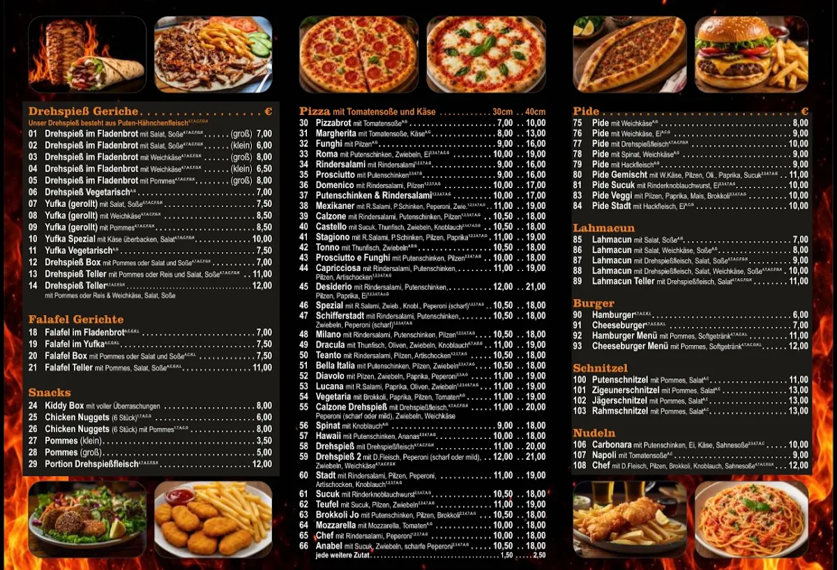 Speisekarte, Stadt Döner pizzahaus