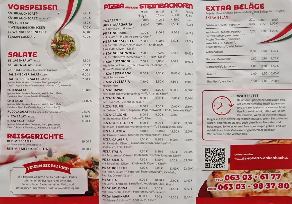 Speisekarte, Pizzeria Da Roberto Sportheim Enkenbach