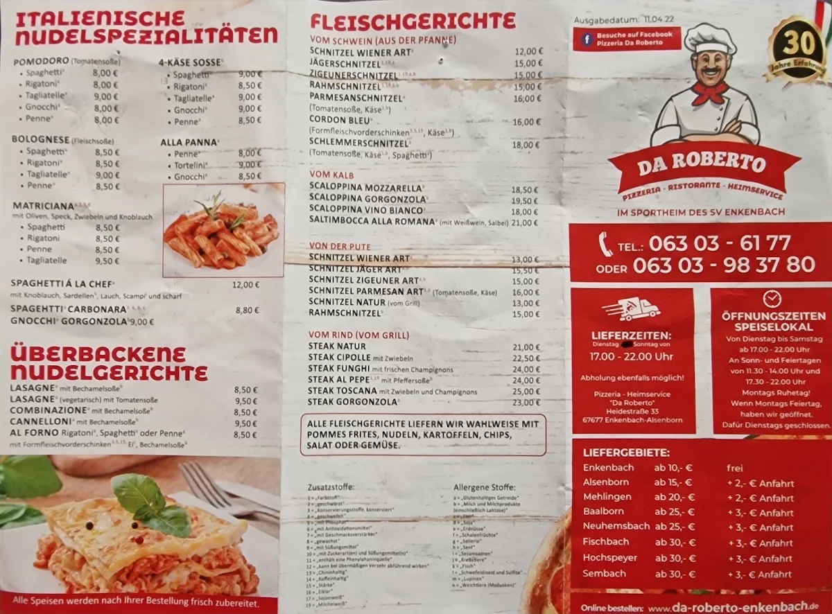 Speisekarte, Pizzeria Da Roberto Sportheim Enkenbach
