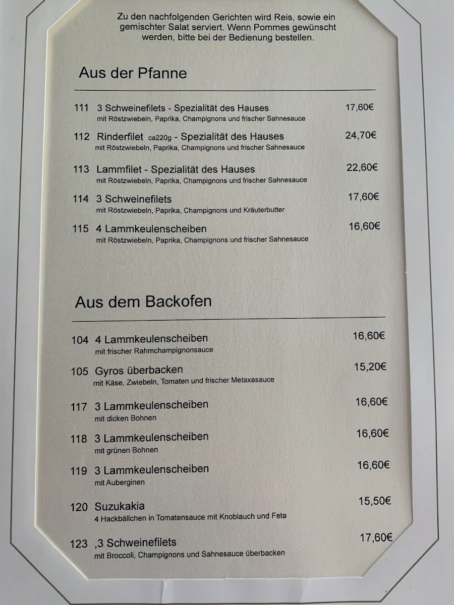 Speisekarte, Restaurant Irodion