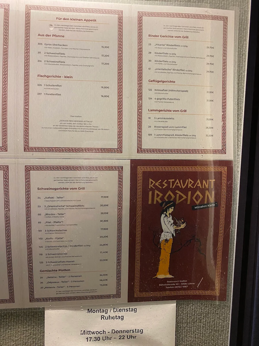 Speisekarte, Restaurant Irodion