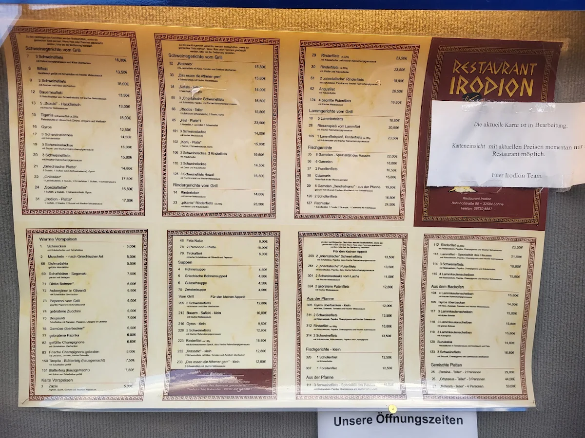 Speisekarte, Restaurant Irodion