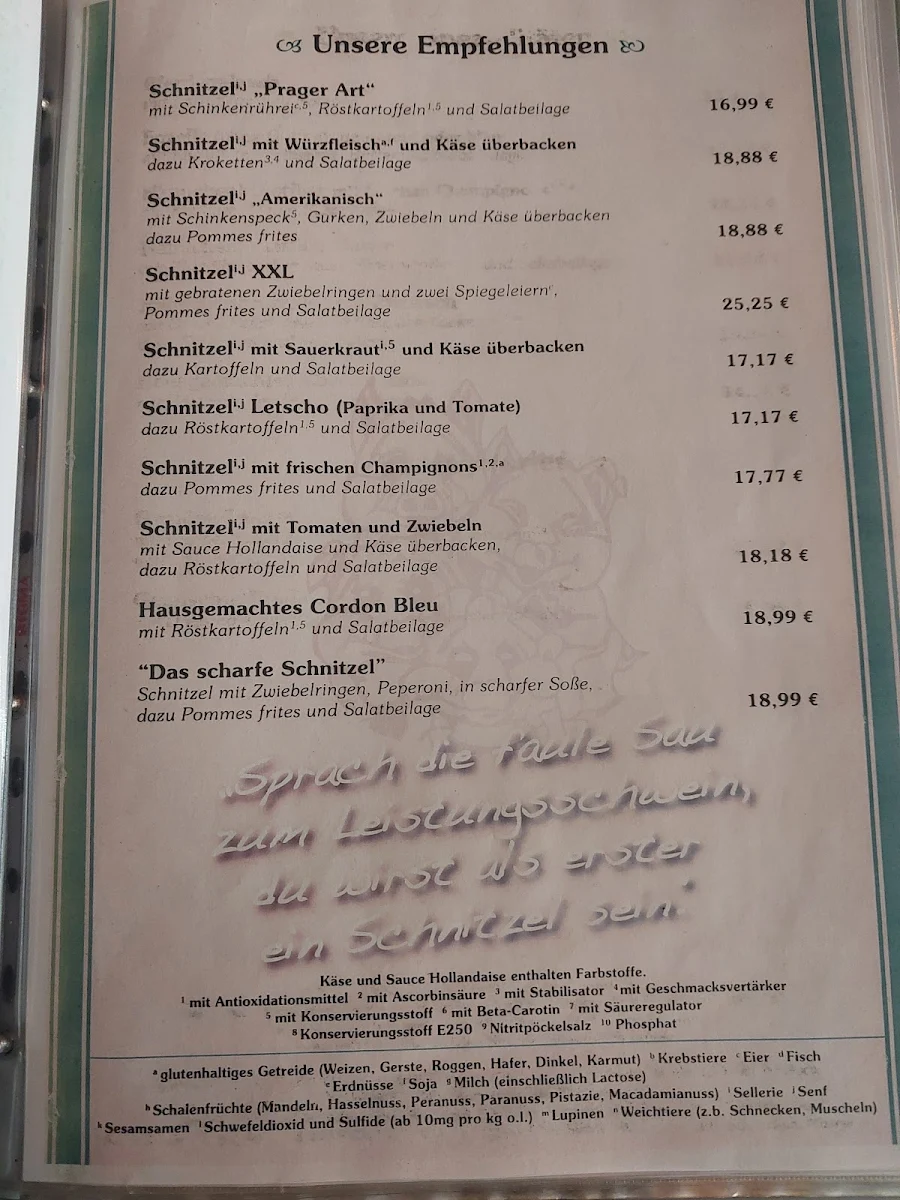 Speisekarte, Schweineschnäuzchen