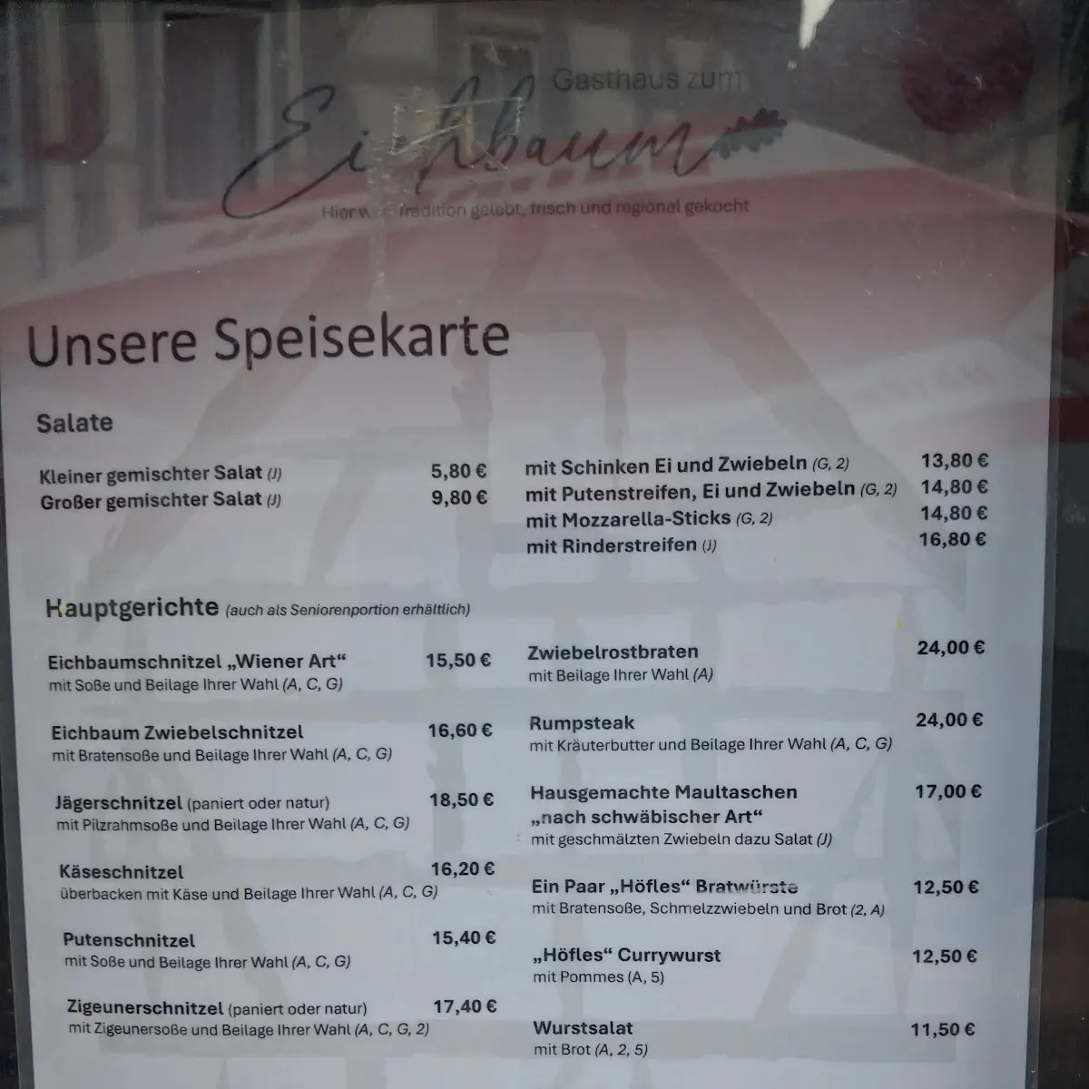 Speisekarte, Gasthaus Eichbaum