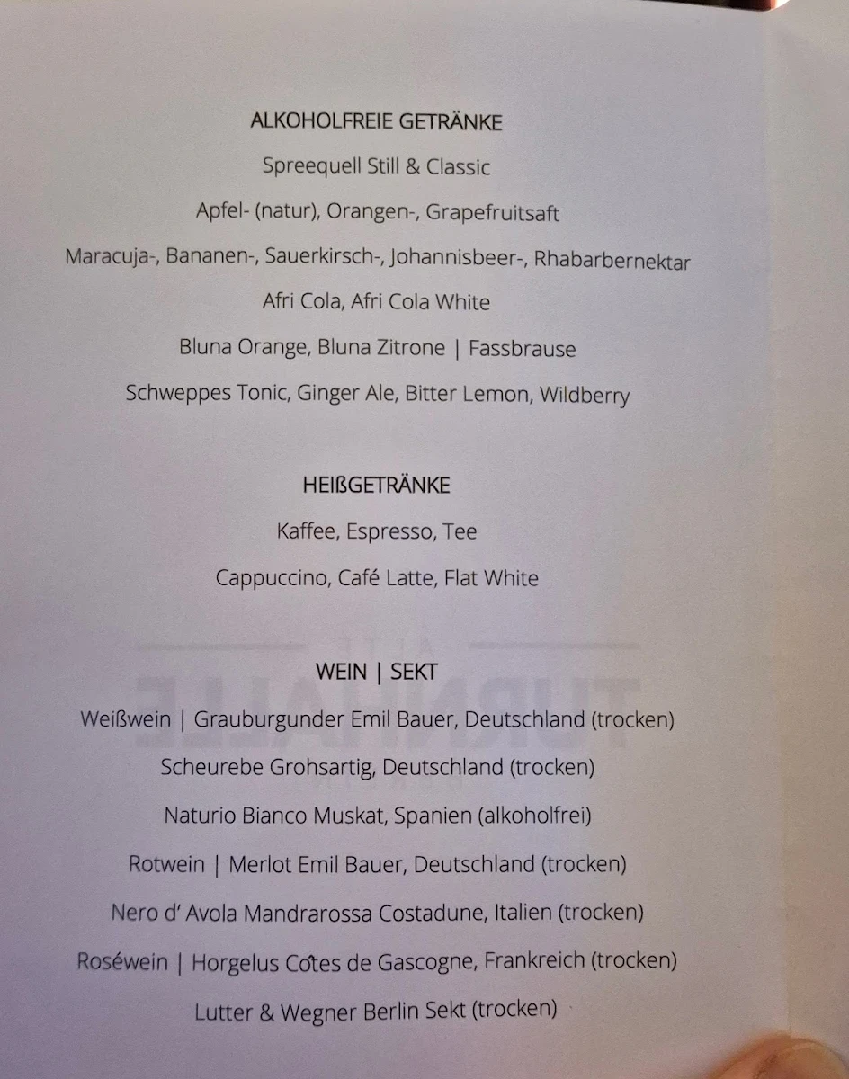 Speisekarte, Alte Turnhalle Berlin