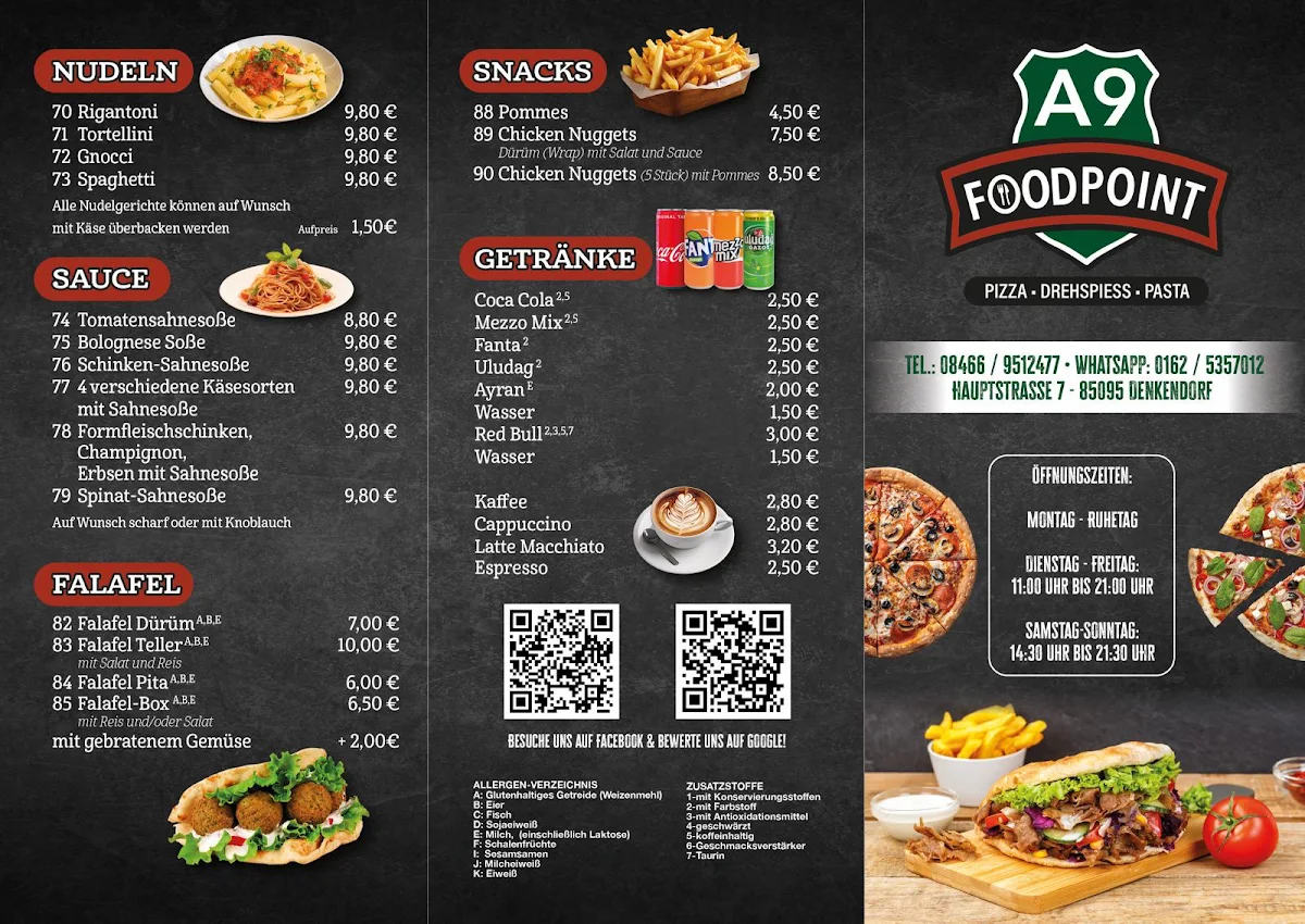 Speisekarte, A9 Foodpoint Pizza-Drehspiess-Pasta