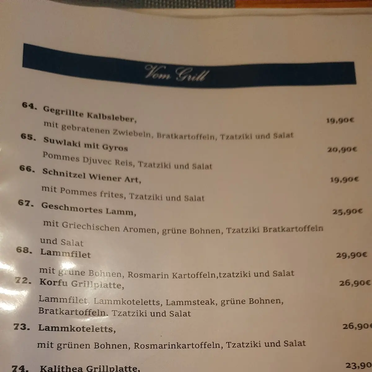 Speisekarte, Taverna Rhodos