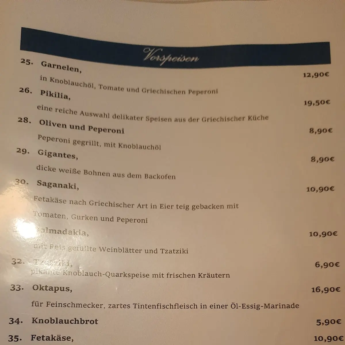 Speisekarte, Taverna Rhodos