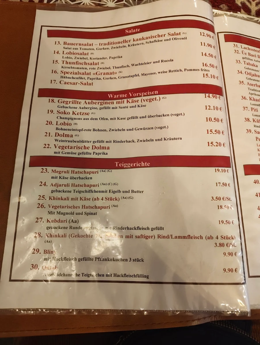 Speisekarte, Granat Restaurant am Weißensee