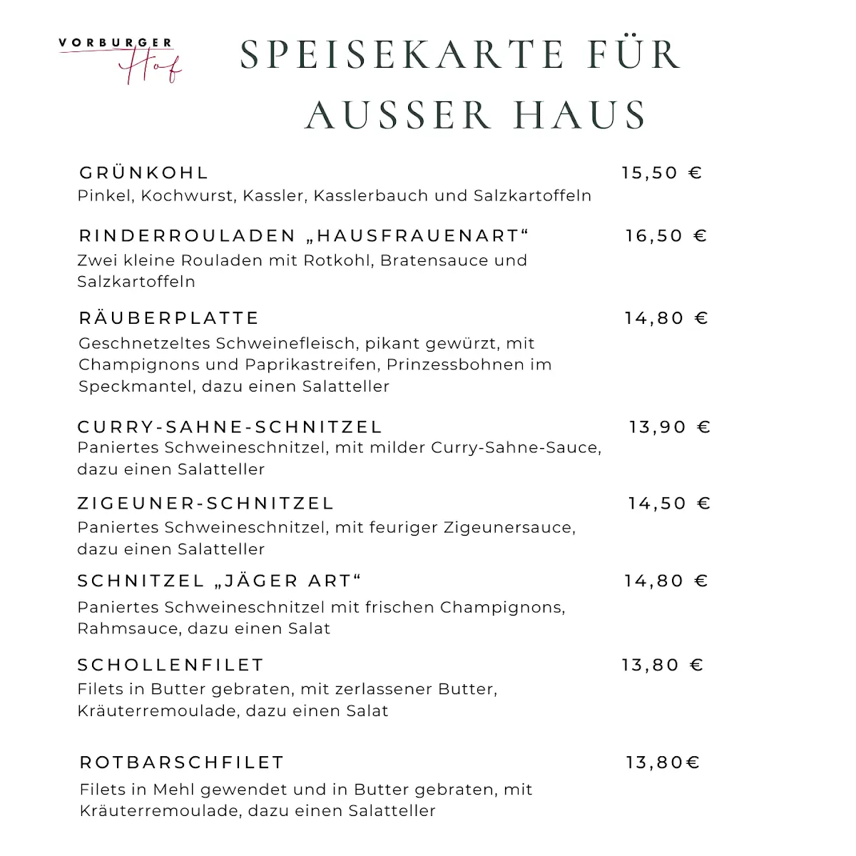 Speisekarte, Alberts Vorburger Hof