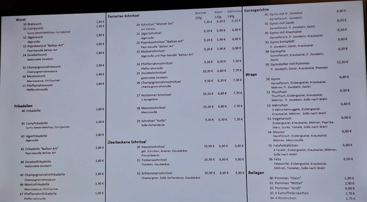 Speisekarte, Saerbistro