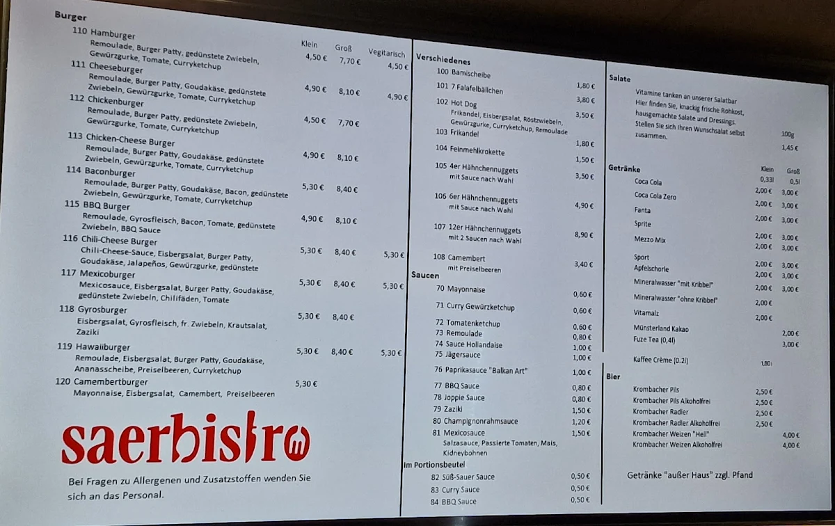 Speisekarte, Saerbistro