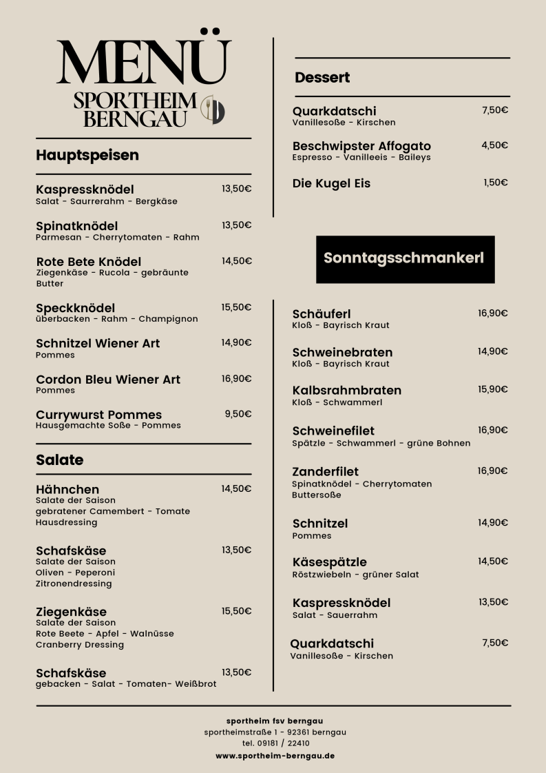 Speisekarte, Sportgaststätte FSV Berngau