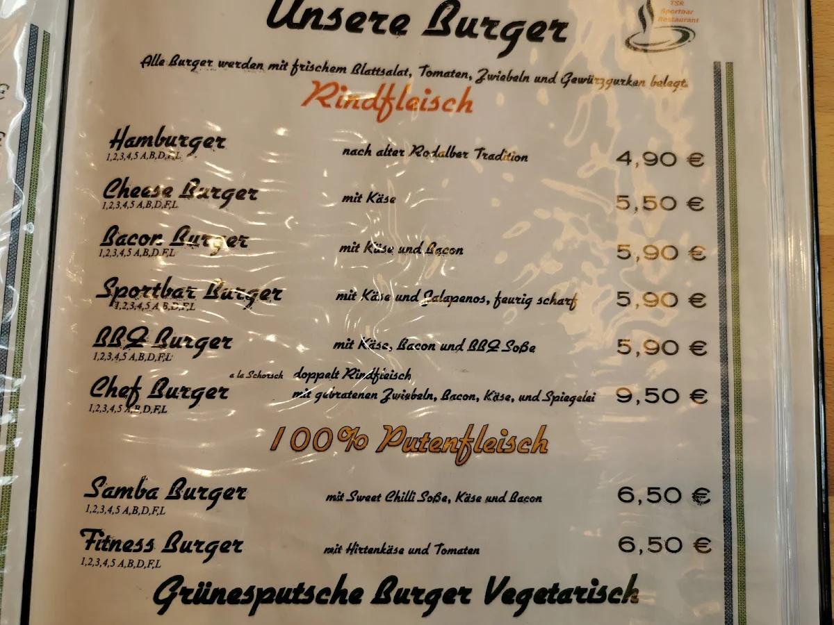 Speisekarte, TSR Sportbar Restaurant
