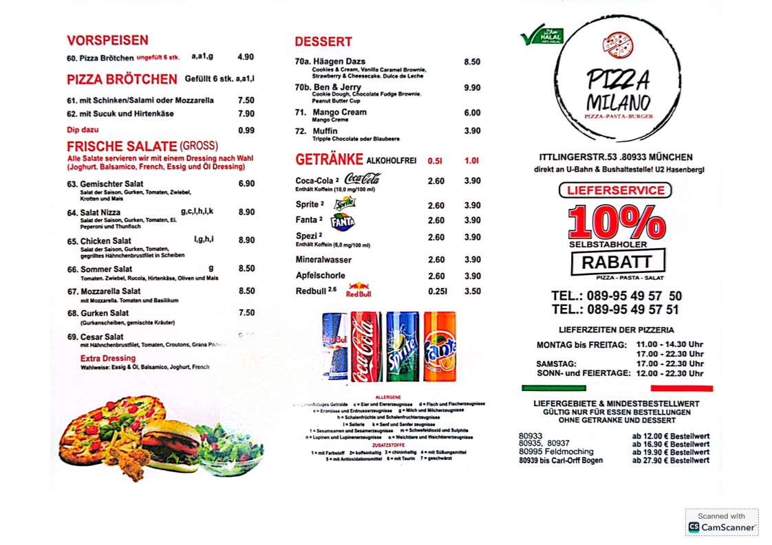 Speisekarte, Pizza Milano