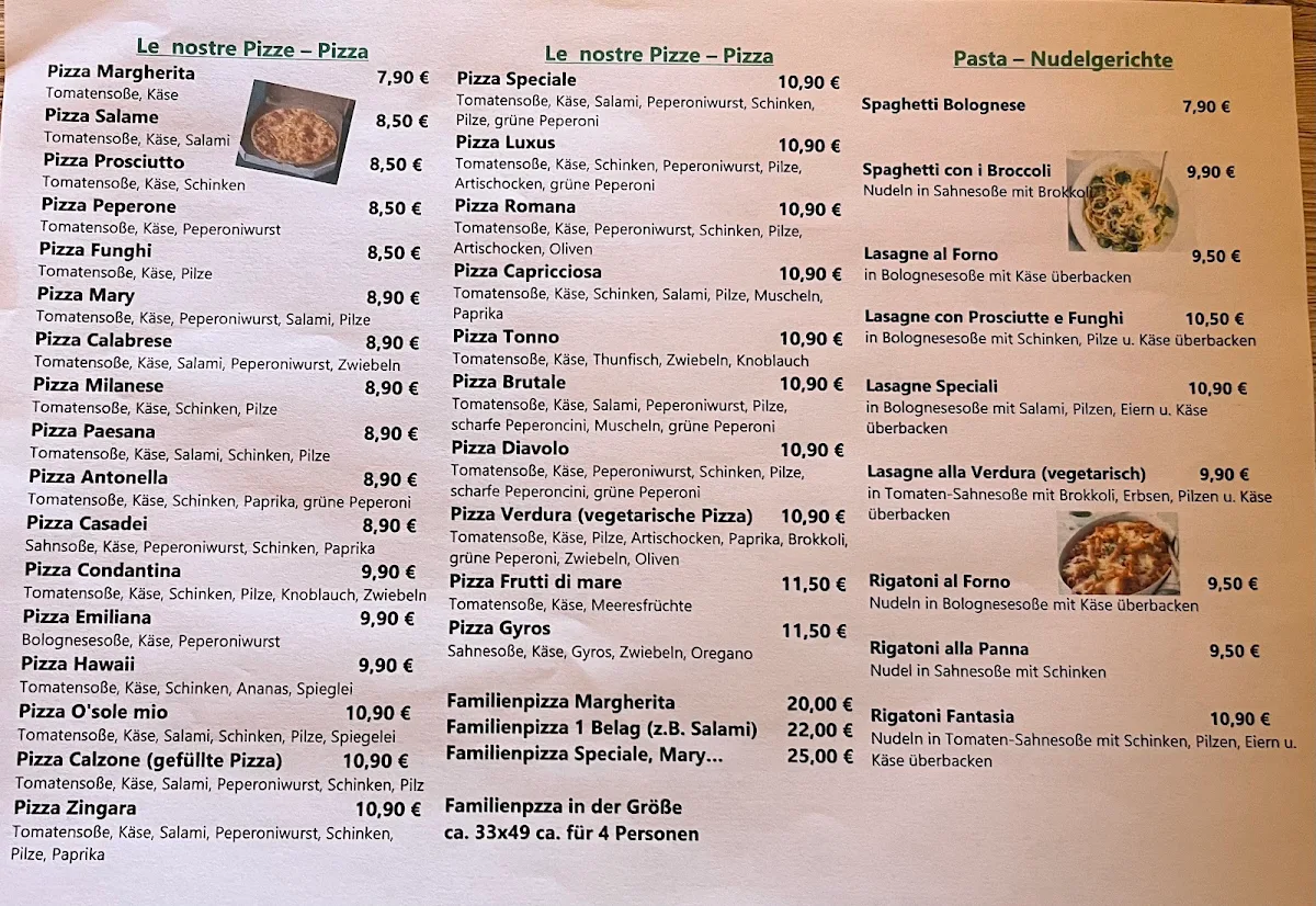 Speisekarte, Pizzeria à la Giorgio