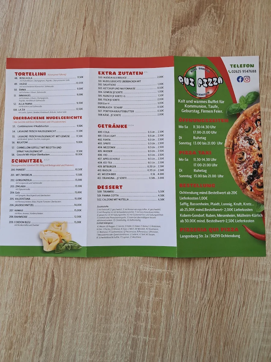Speisekarte, Qui Pizza Italia
